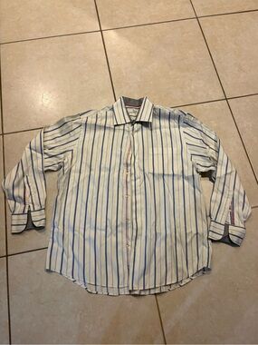 Arnold Zimberg Men's White and Blue Stripe Button-Up Dress Shirt